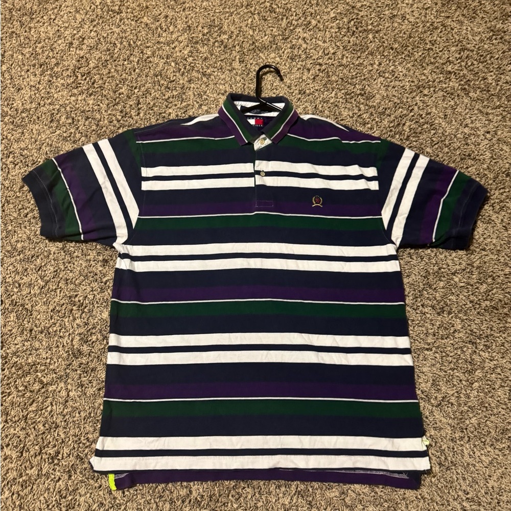 Tommy Hilfiger Green and Purple Striped Polo Shirt